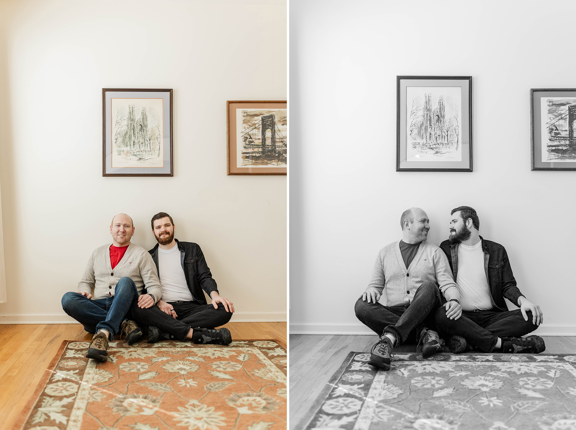 couple sits on carpet in middle of living room posing with each other