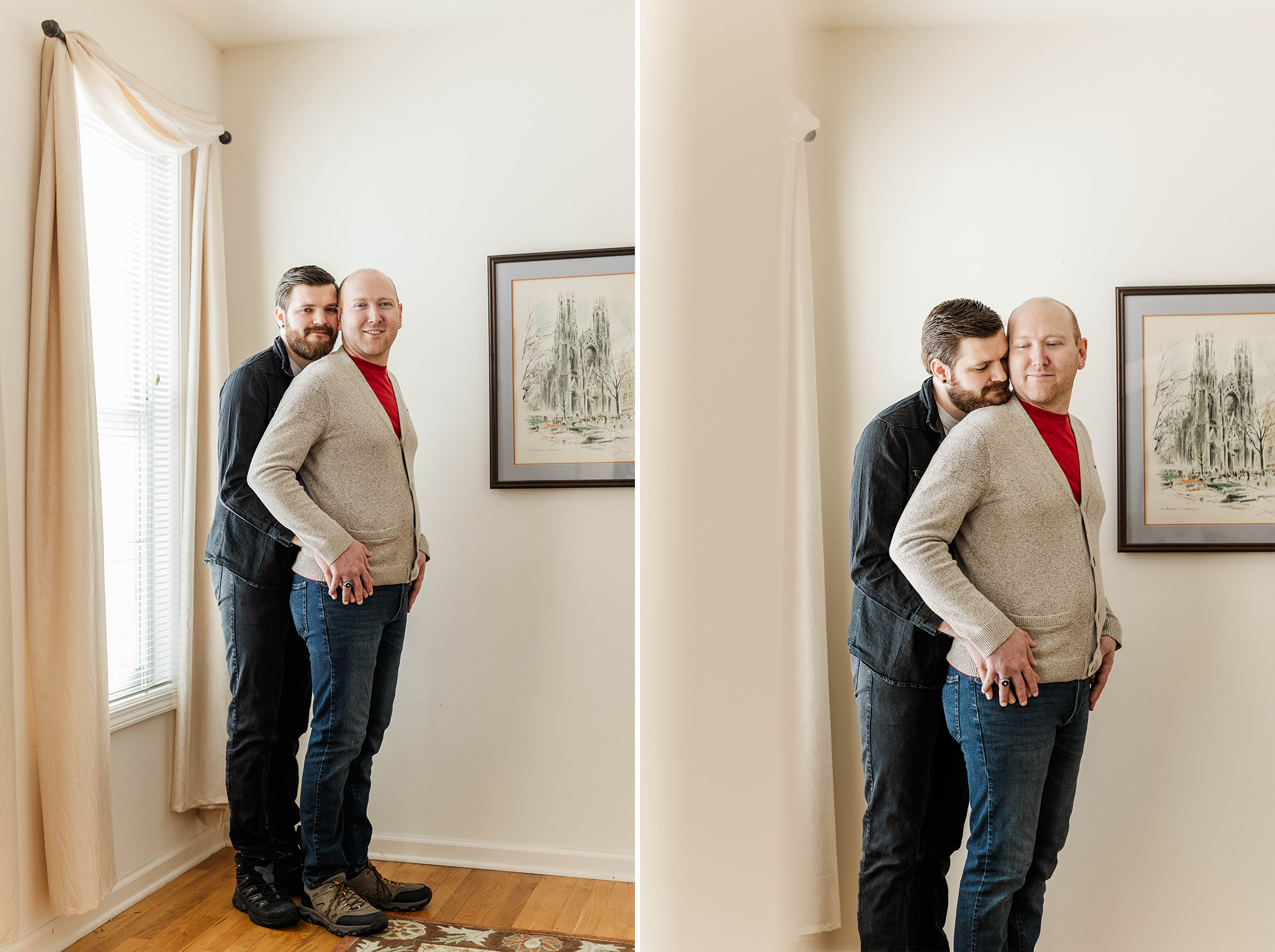 man and partner pose with each other in living room
