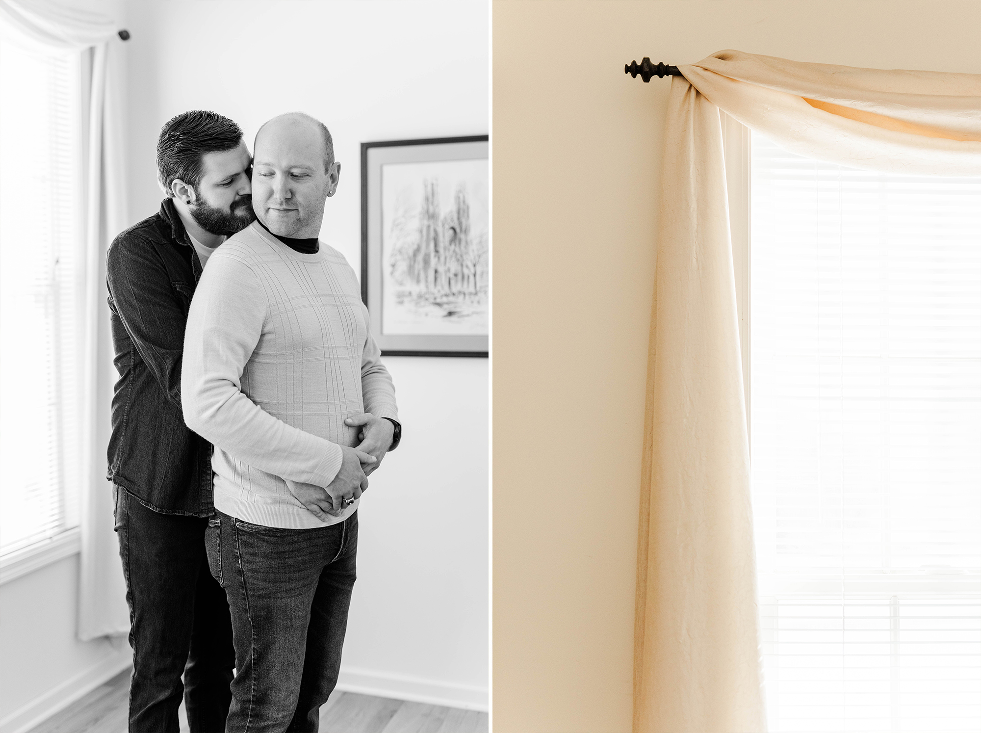 Man embracing his partner beside a window with drapes
