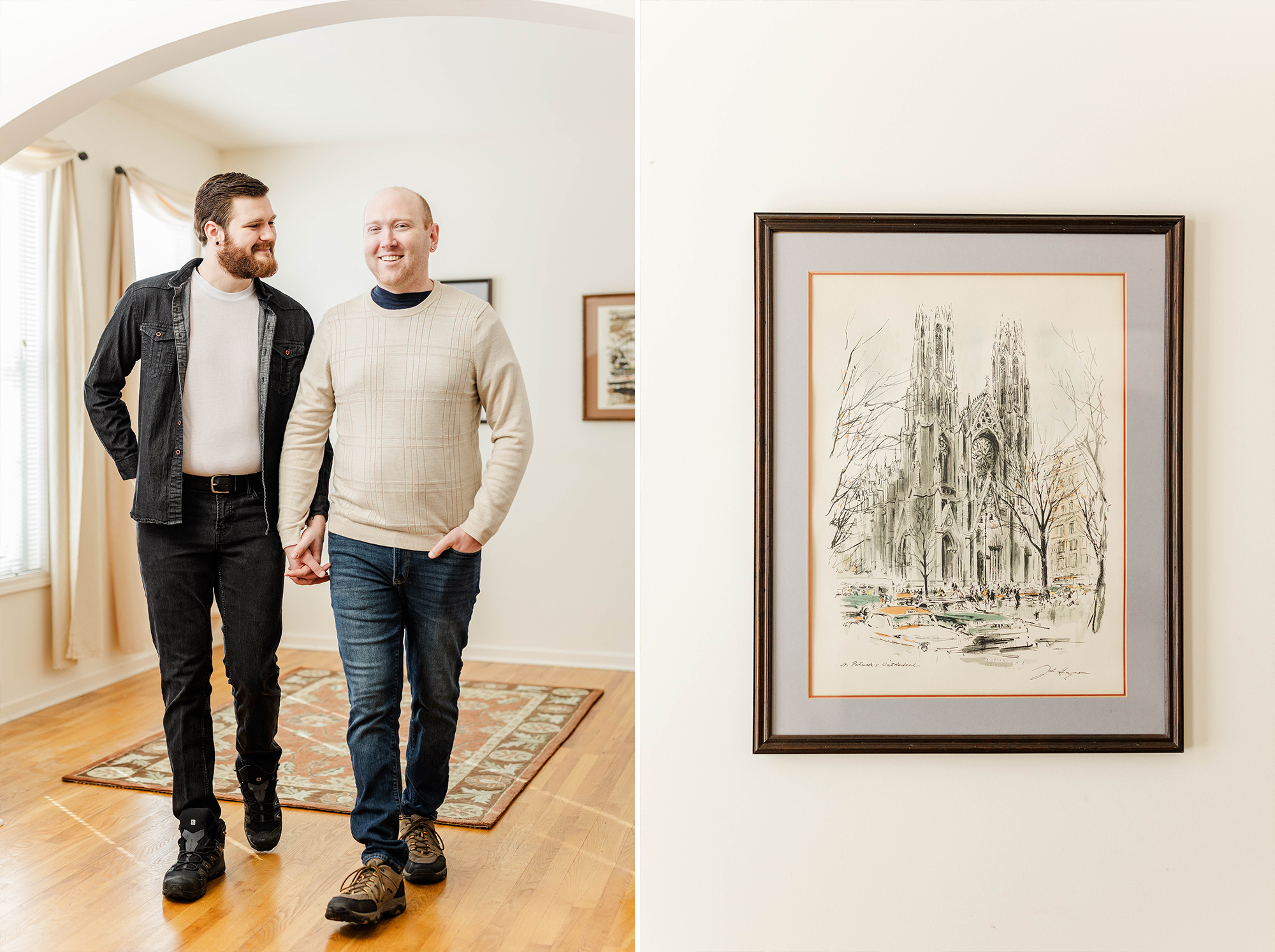 couple walking hand in hand inside home with framed photos on wall