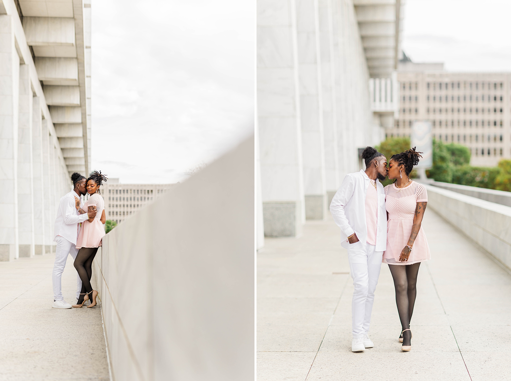 couple kissing and walking hand in hand in front of office building