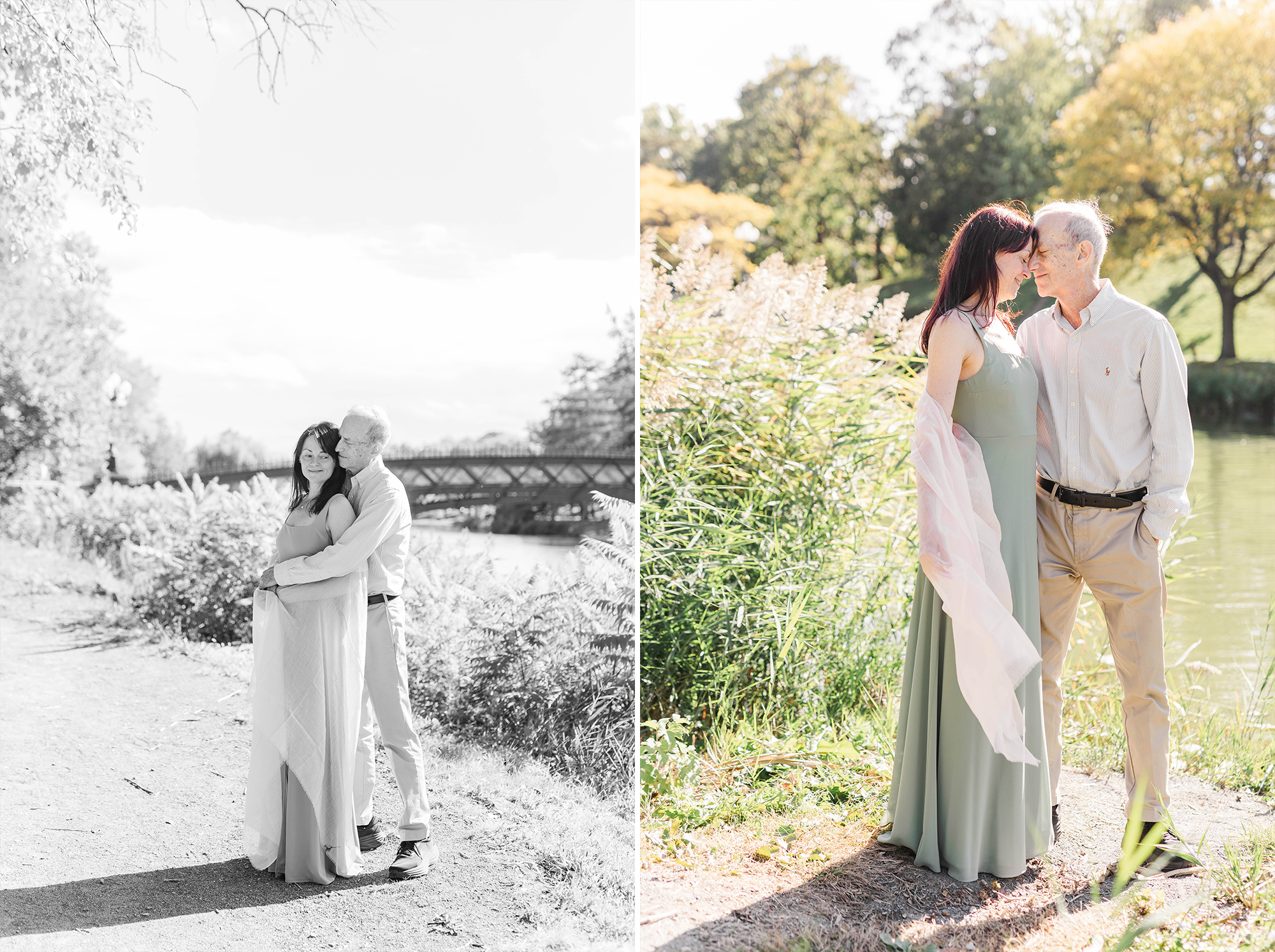 couple posing together with bridge in background and in front of pond with foreheads touching