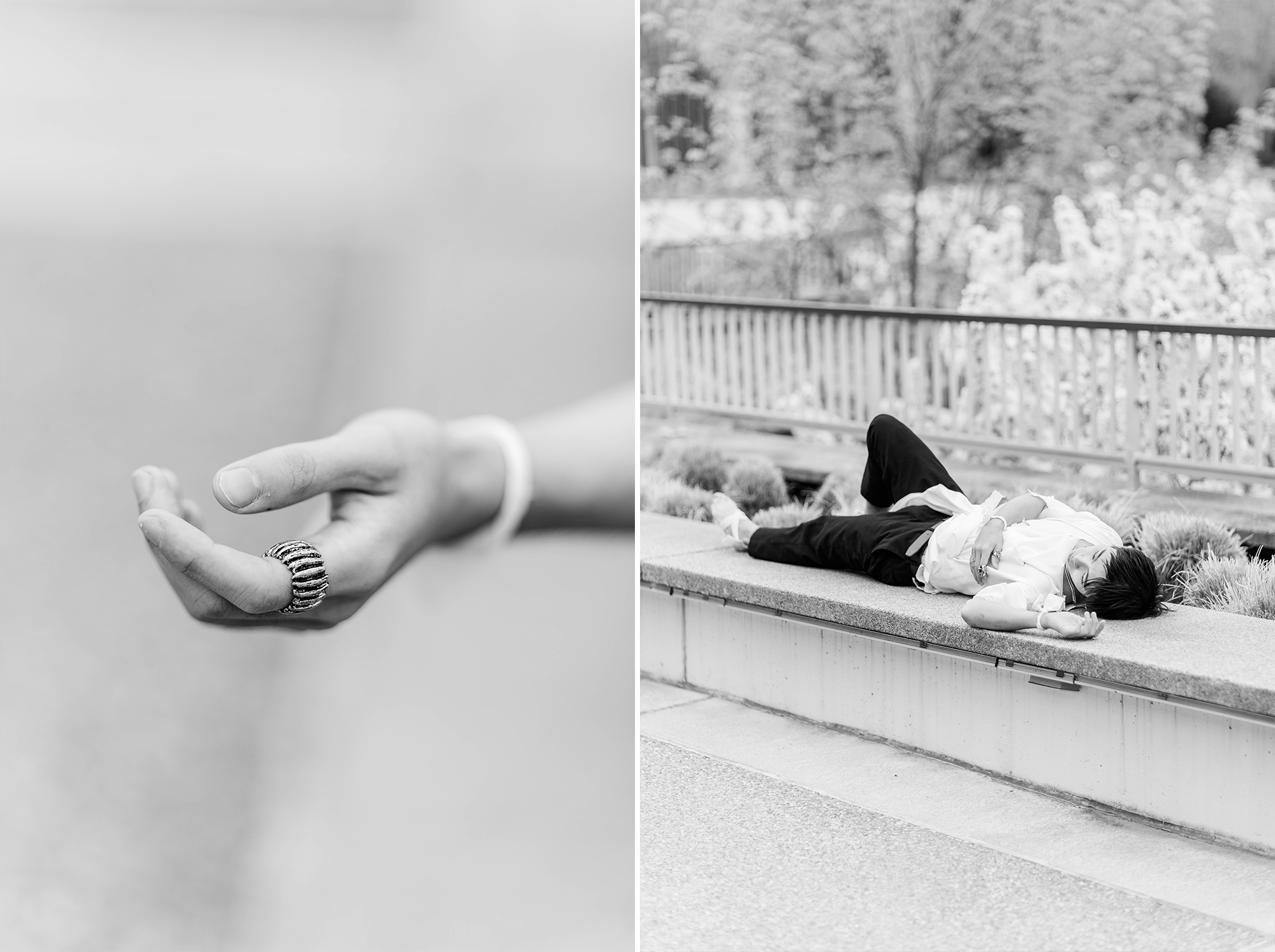 detail shot of hand and man laying down on ledge in campus courtyard