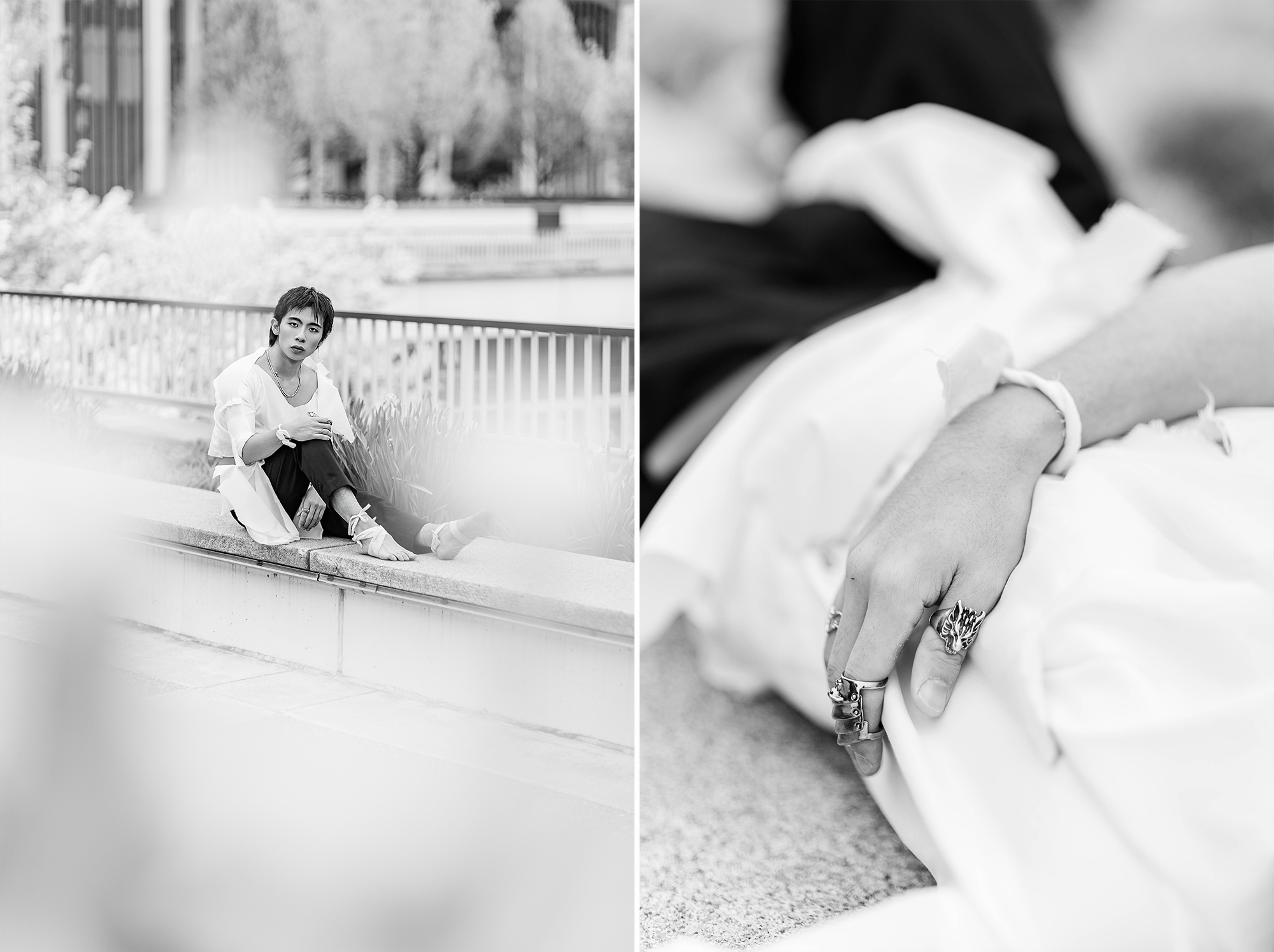 detail shot of hand with rings and man sitting down on ledge in school campus courtyard
