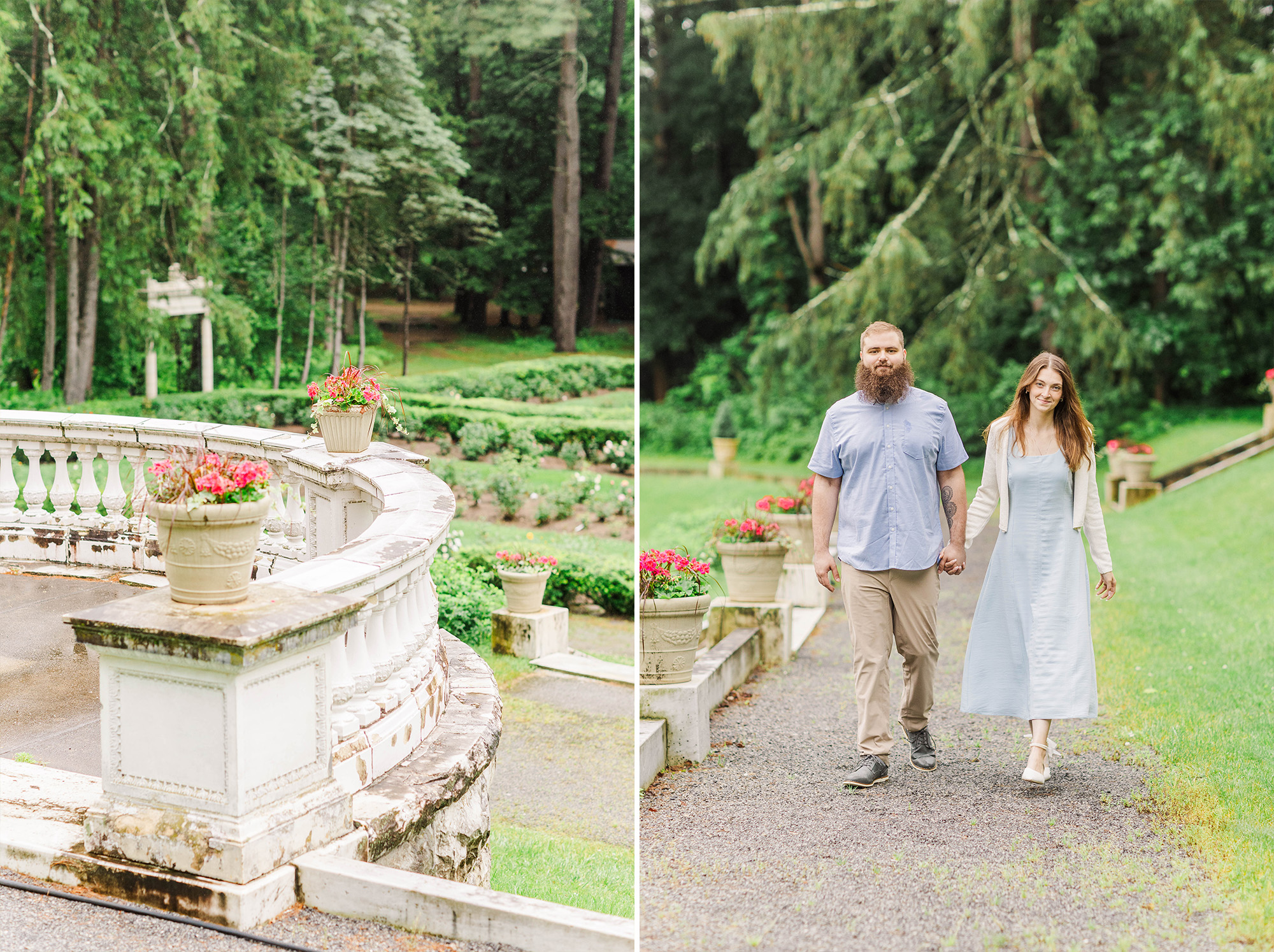 couple walking through garden with park details