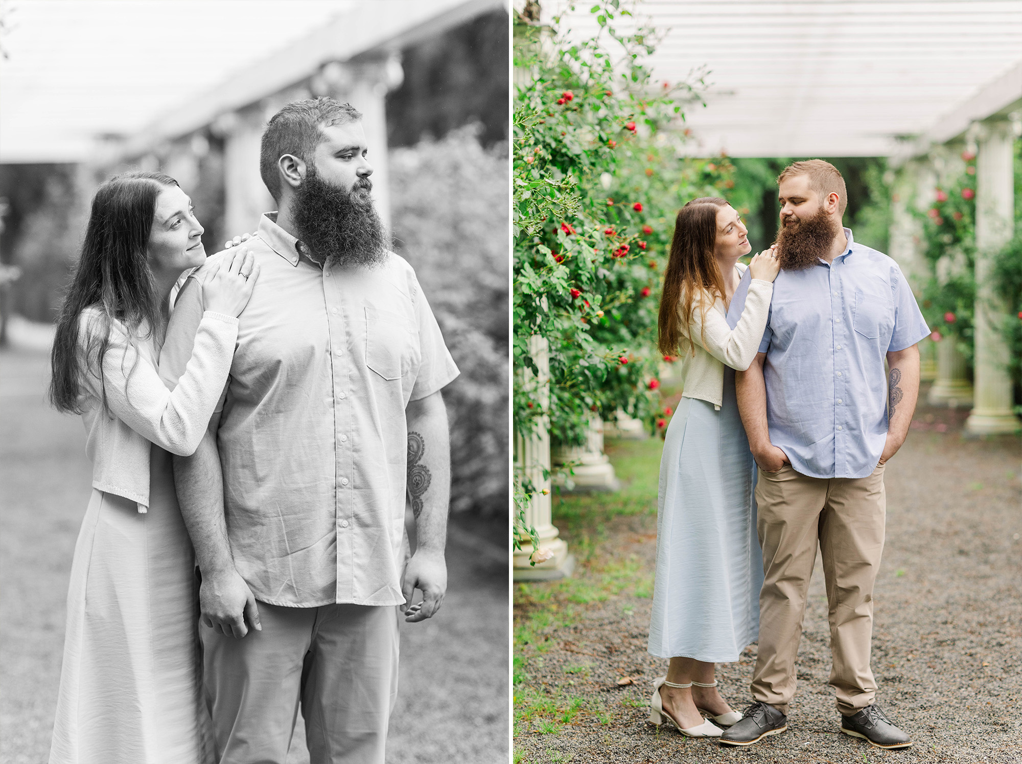 couple posing together in garden with greenery and pillars