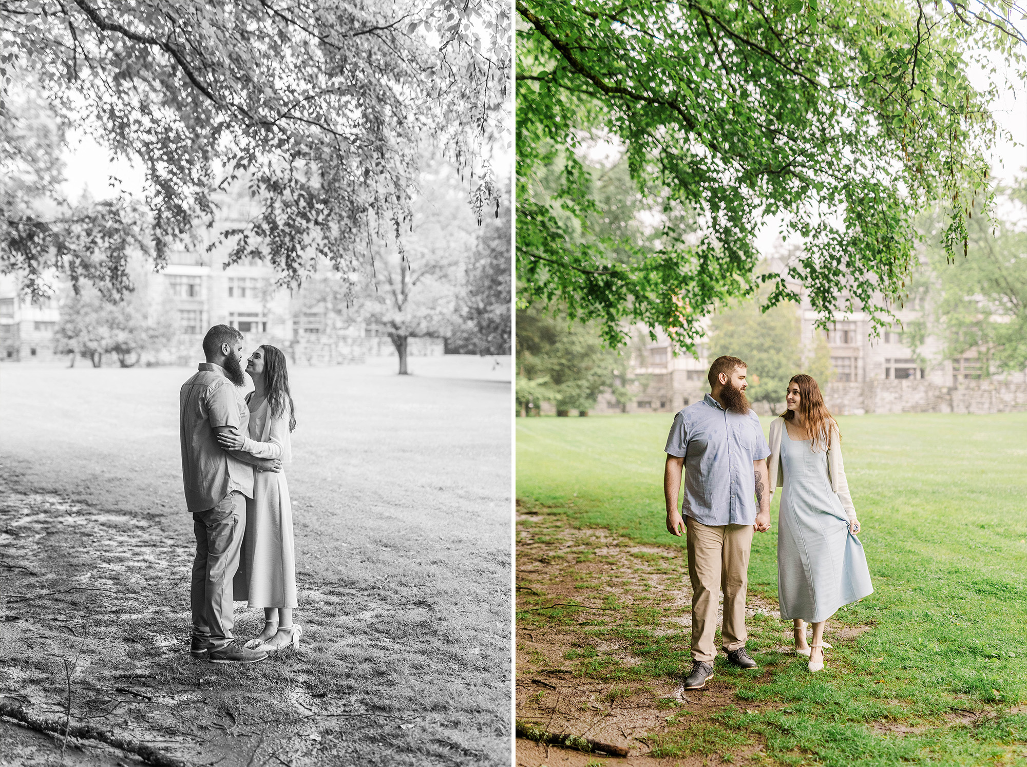 couple posing underneath tree with mansion