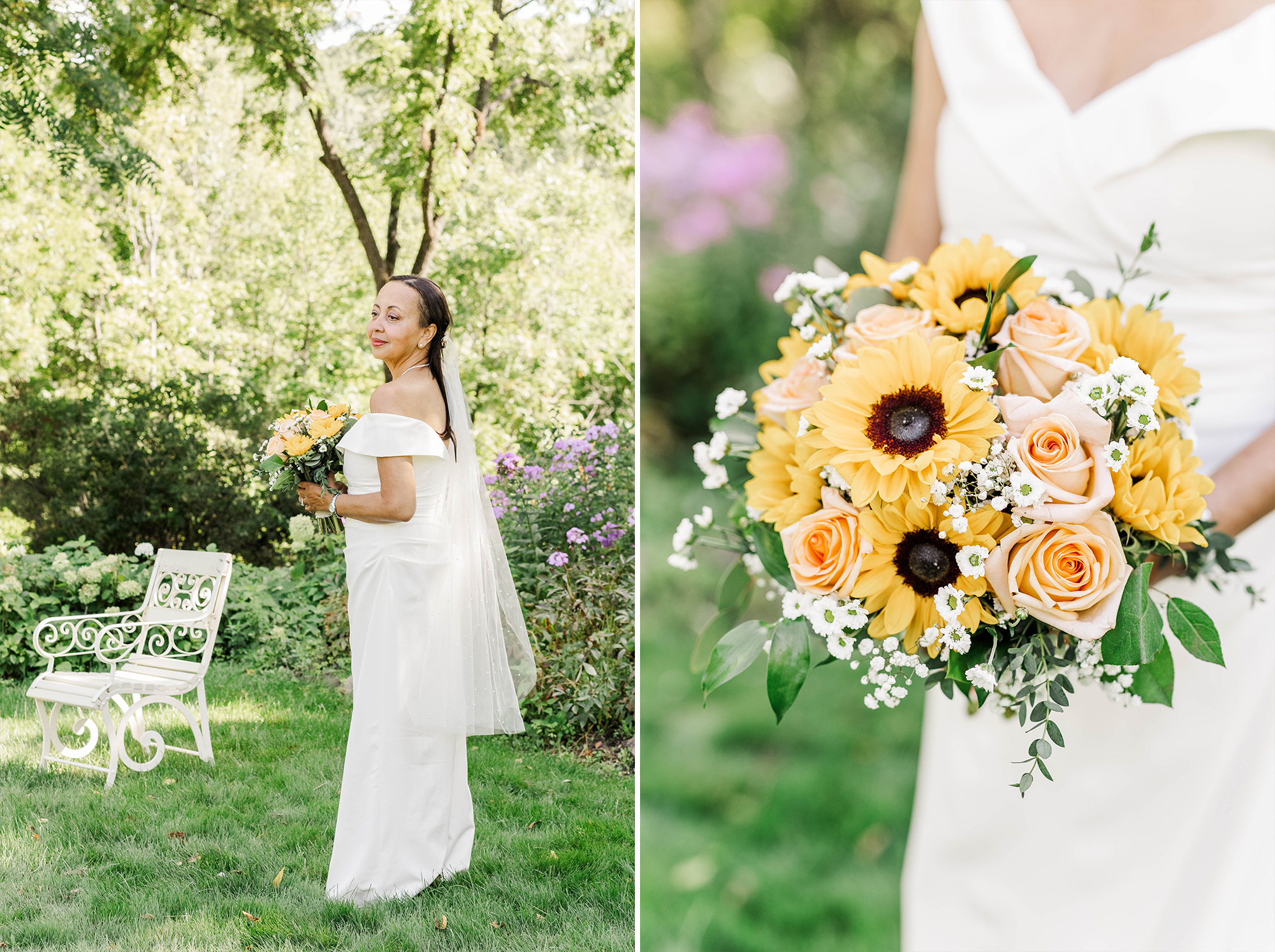 bride posing with bouquet on lawn with flowers in background