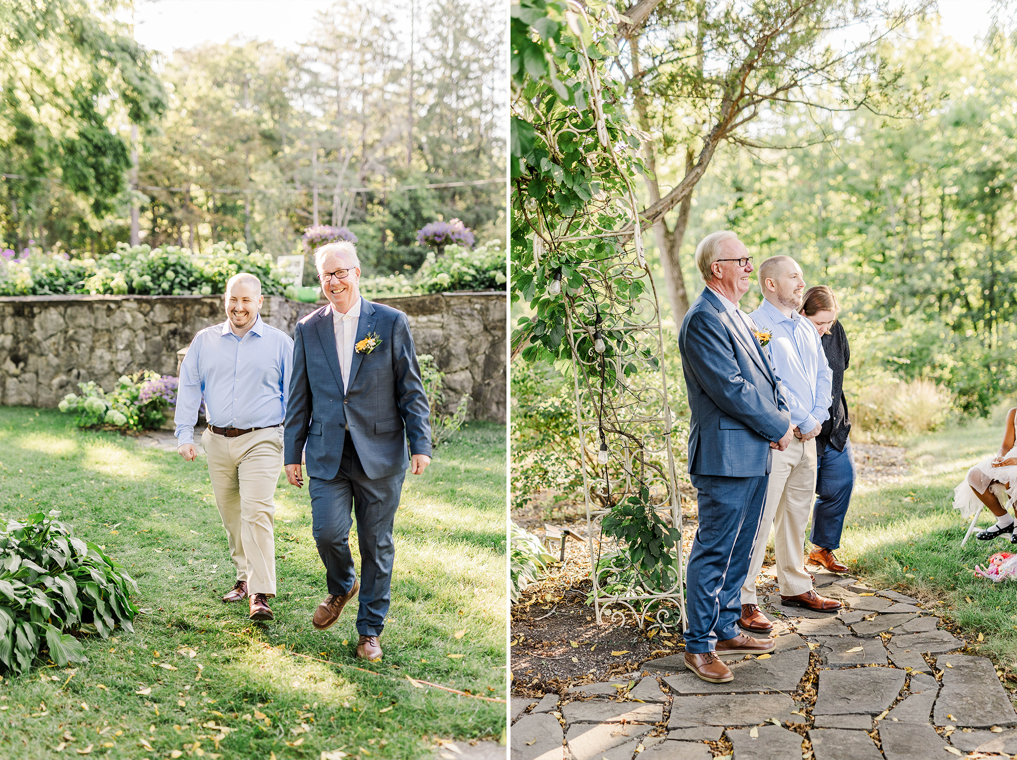 groom and best man entering ceremony space and waiting next to wedding arch