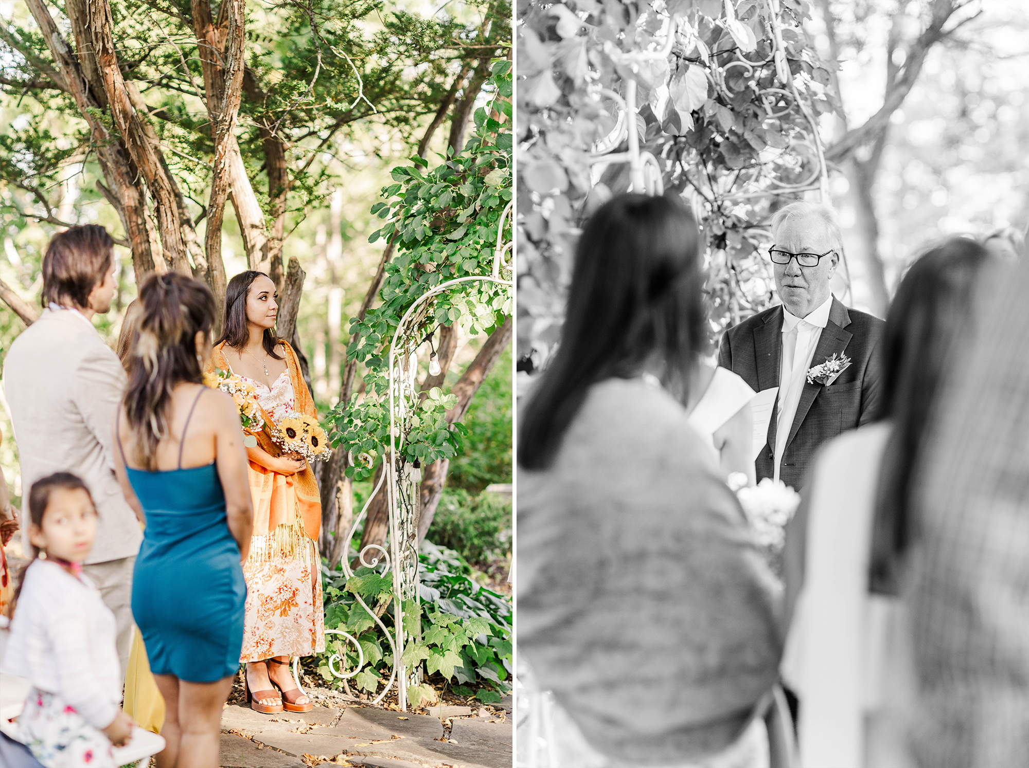 guests looking on at bride and groom and groom standing under wedding arch