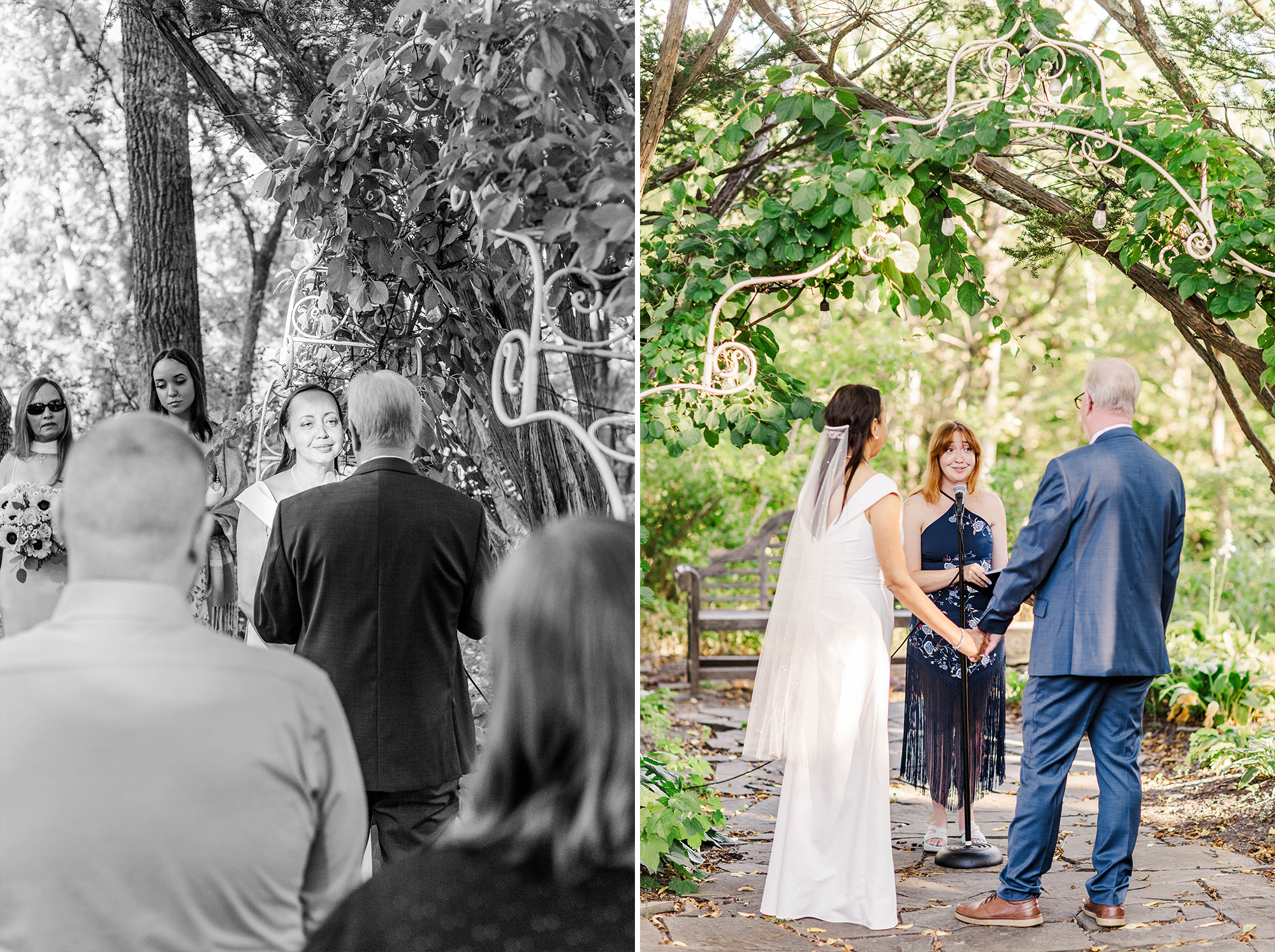 bride underneath wedding arch with on looking guests and bride and groom under wedding arch with officiant