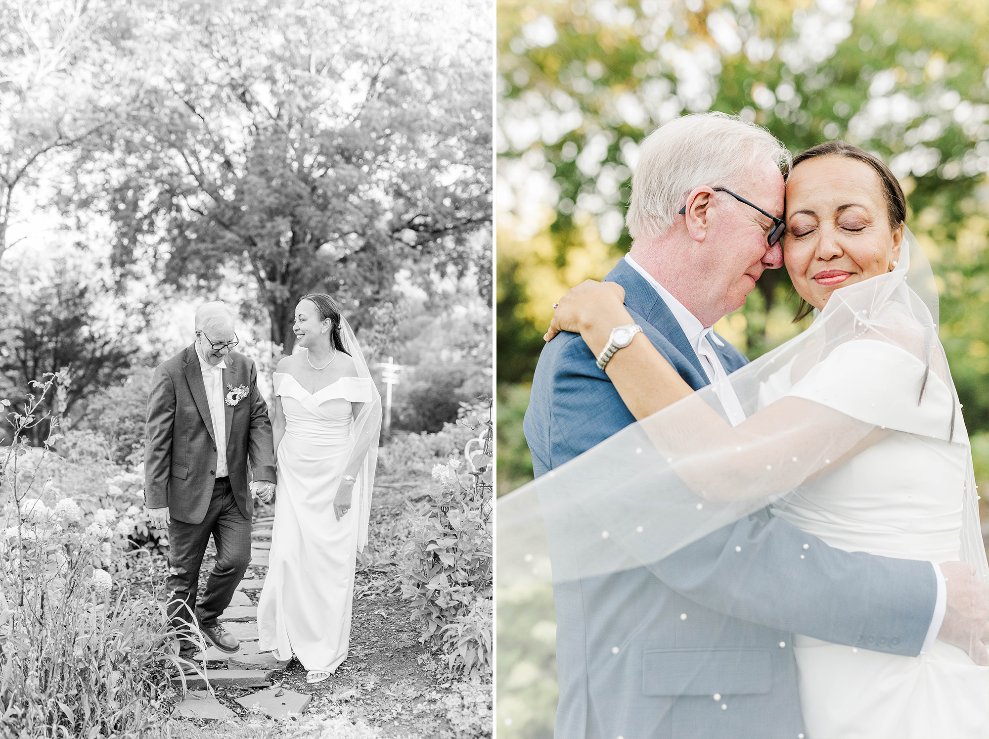 bride and groom posing with each other surrounded by tall grass and trees