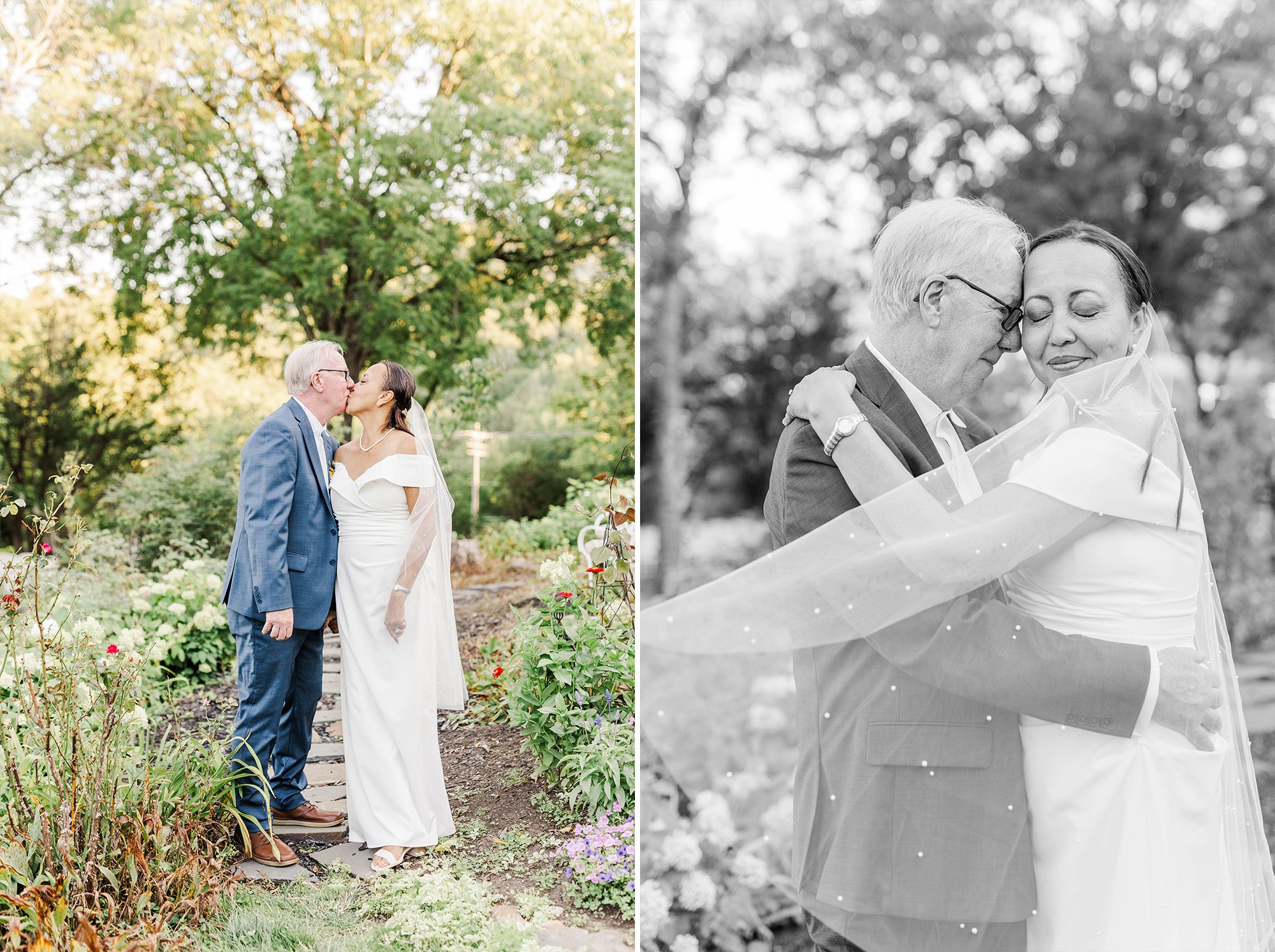 bride and groom sharing kiss and flowing veil blowing with greenery and tall trees