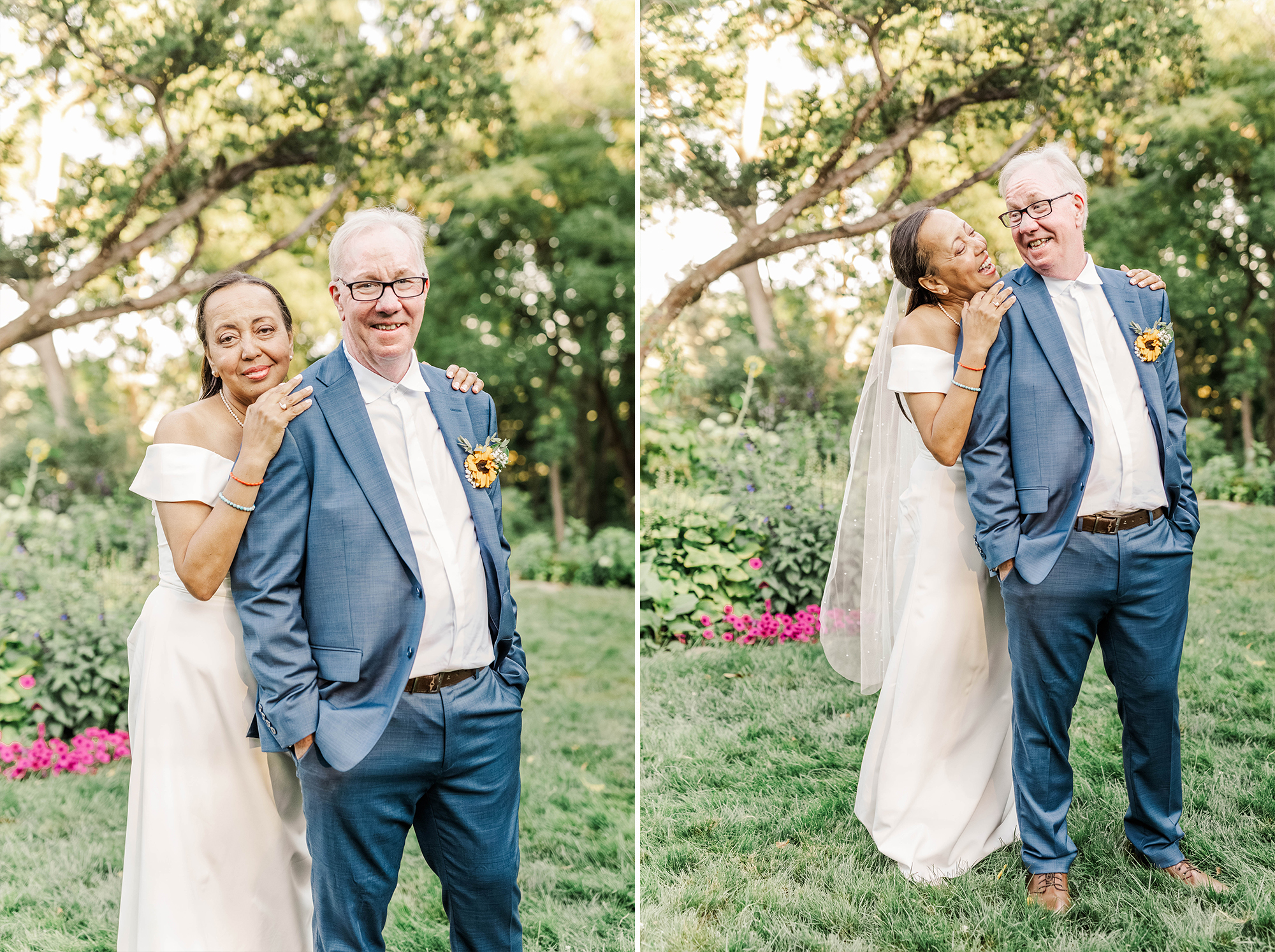 bride and groom posing underneath trees on lawn