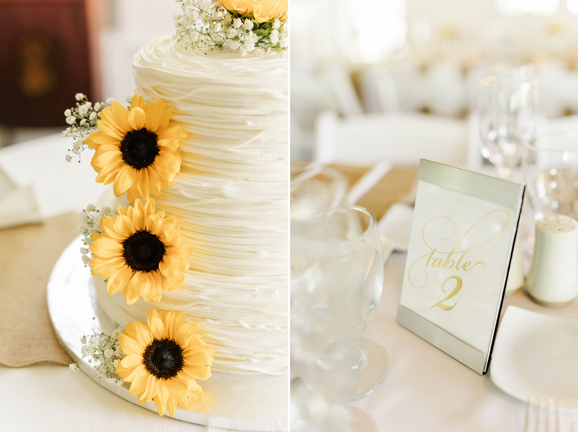 wedding cake floral detail and table numbers with table settings