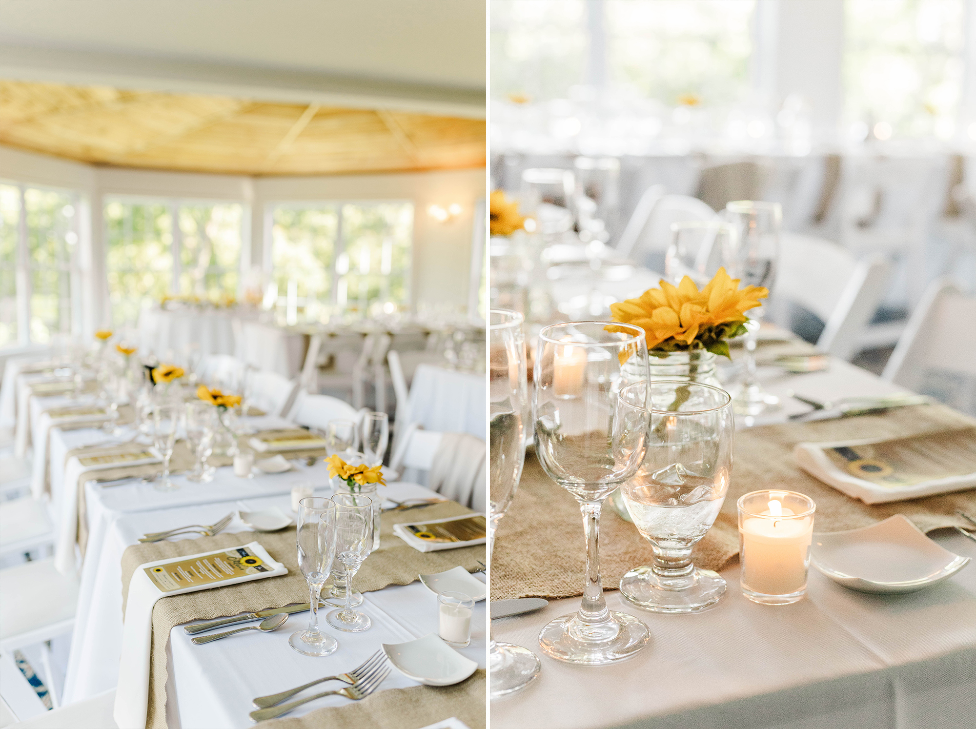 wedding reception space with cloth covered tables, glass ware, florals, table settings and lit candles