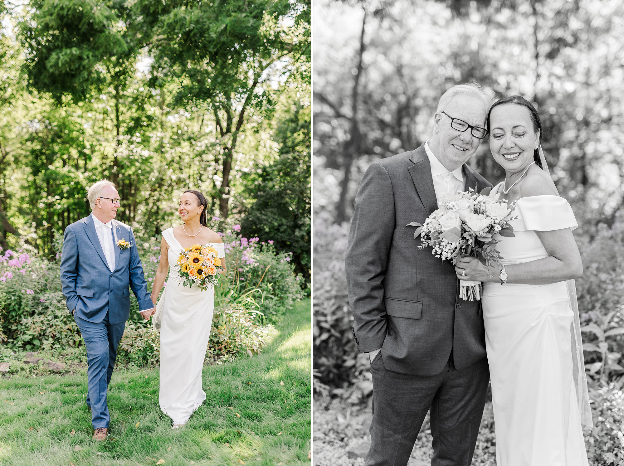 bride and groom walking hand in hand on lawn